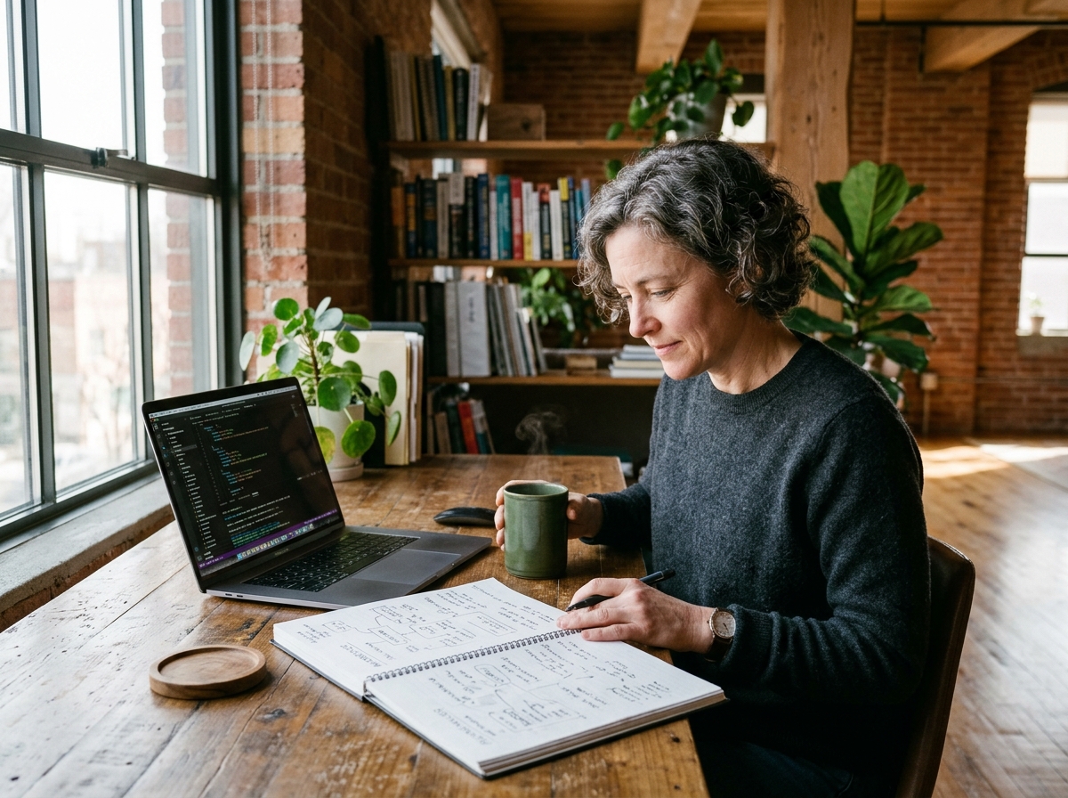 Software architect reviewing client solution roadmap